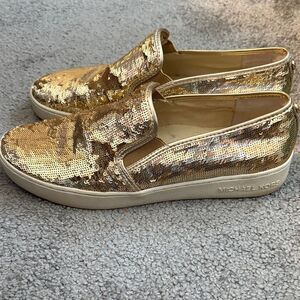 Michael Kors Gold Sequin Slip On Sneakers. Size 7.5